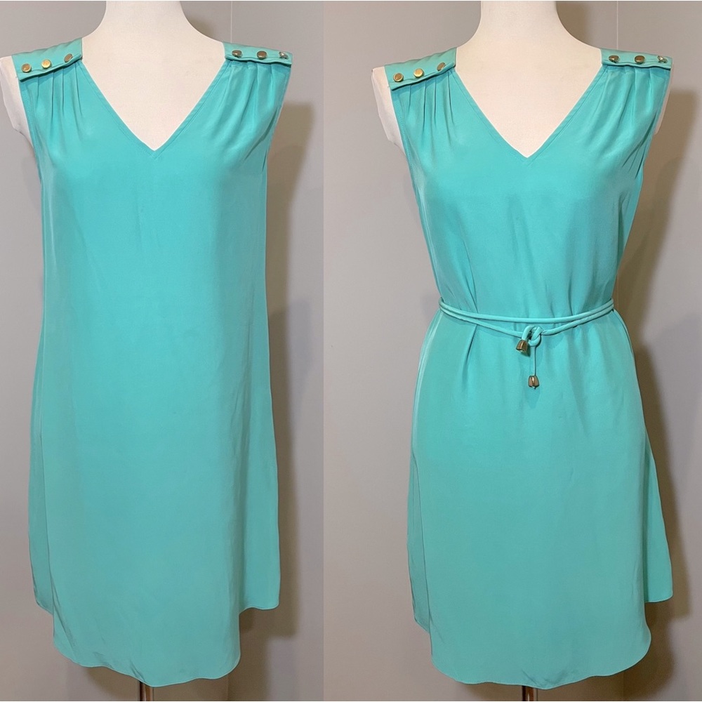 Amanda Uprichard Turquoise V-Neck Midi Dress with Gold Buttons